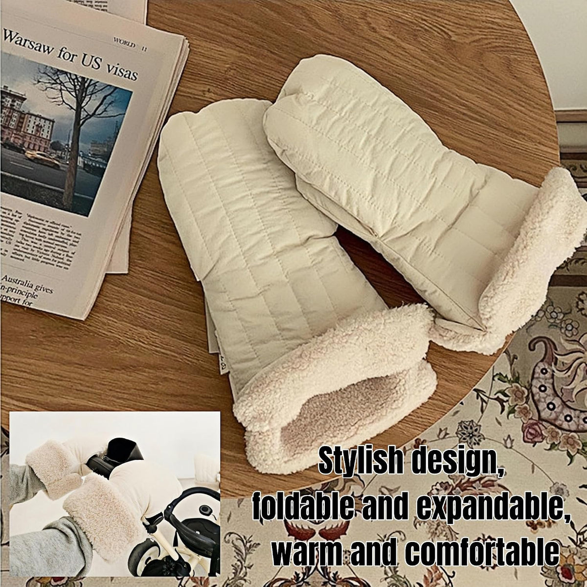 Winter Baby Stroller Hand Muffs, Waterproof Windproof Warm Gloves with Lamb Wool Lining, 12x6 Inch Oversized Stroller Handle Warmers with Magic Tape (Dark Khaki)