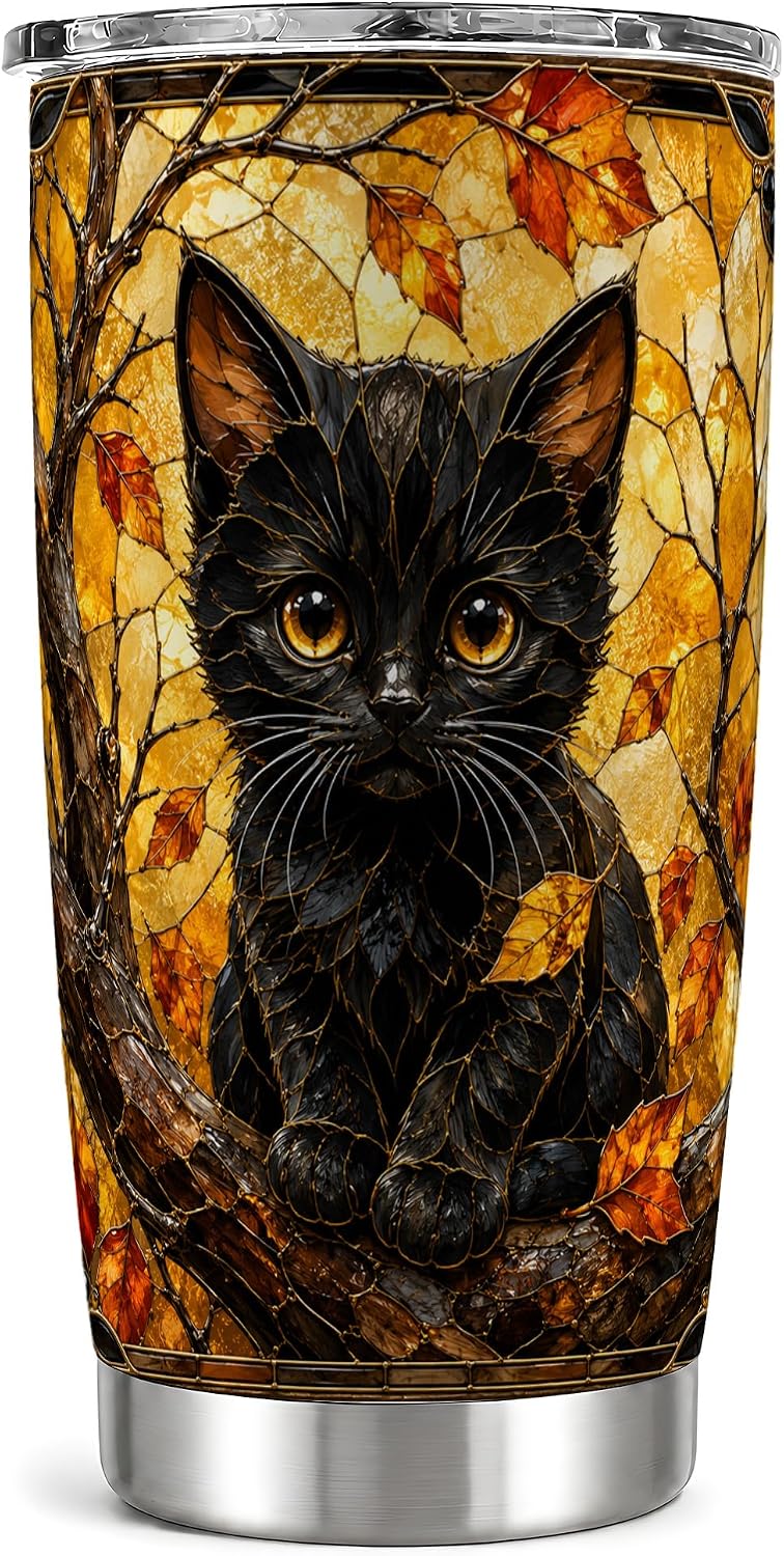 Black Kitten Tumbler, Autumn Leaf Cat Art Tumbler 20 oz, Stainless Steel | Warm kitten art for coffee or tea, adding autumn leaf mood to home
