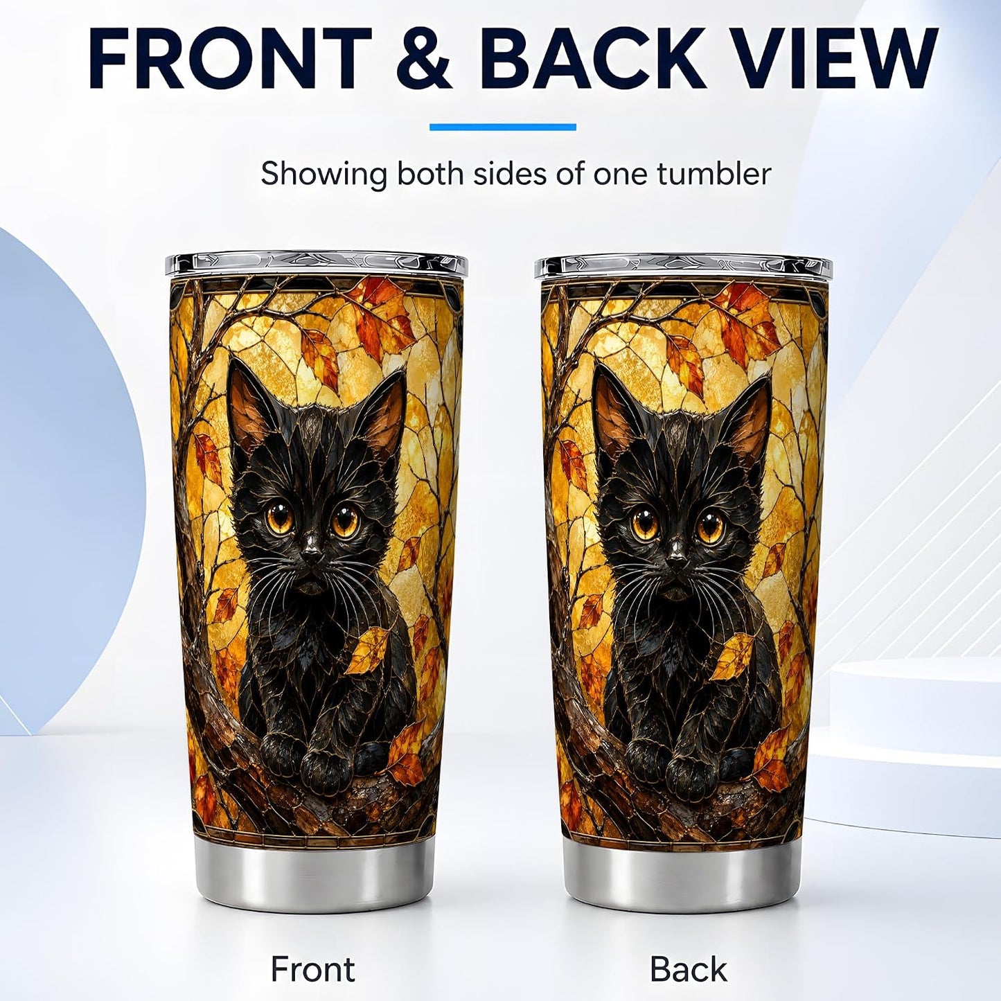 Black Kitten Tumbler, Autumn Leaf Cat Art Tumbler 20 oz, Stainless Steel | Warm kitten art for coffee or tea, adding autumn leaf mood to home