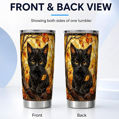 Black Kitten Tumbler, Autumn Leaf Cat Art Tumbler 20 oz, Stainless Steel | Warm kitten art for coffee or tea, adding autumn leaf mood to home