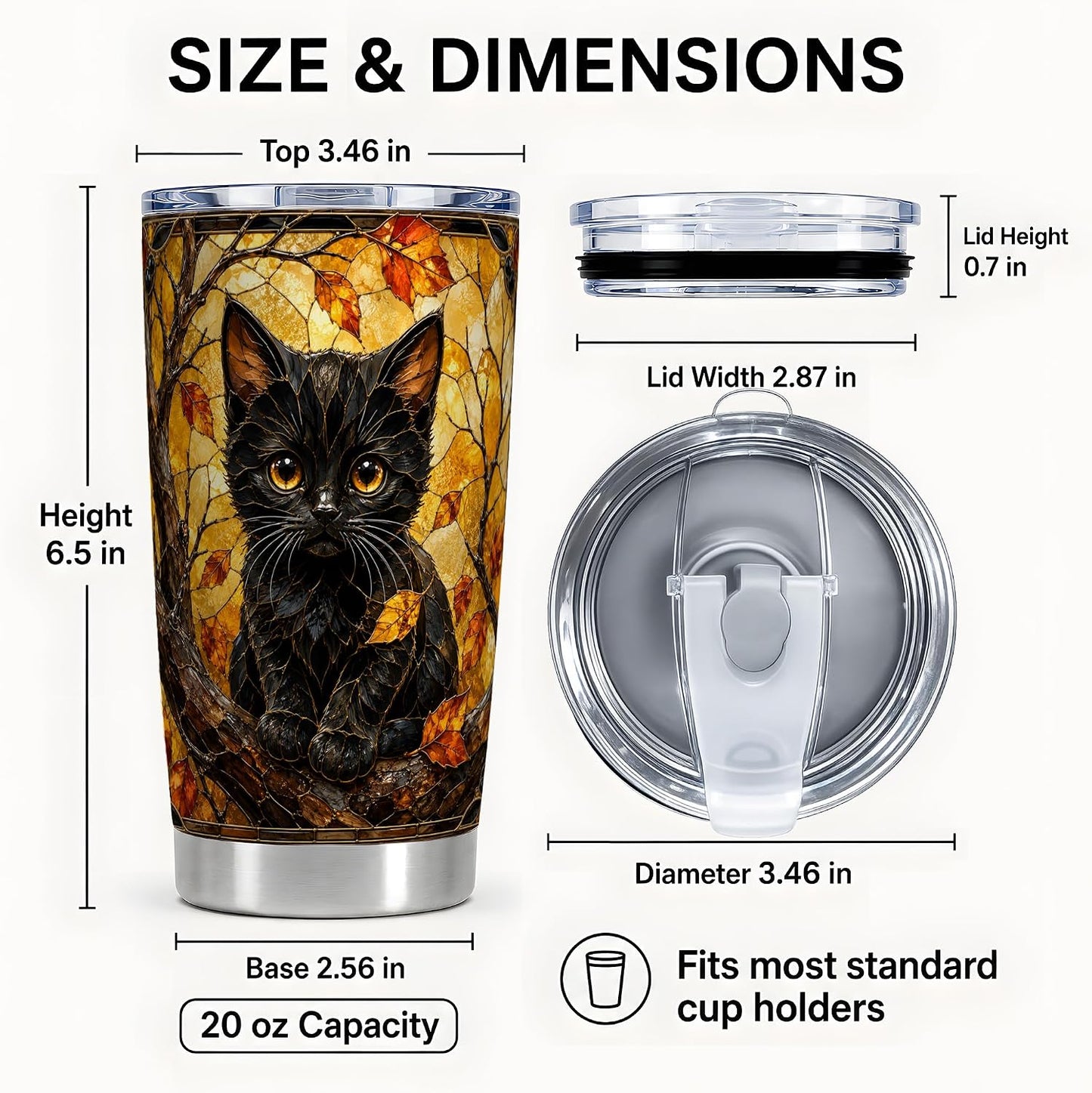 Black Kitten Tumbler, Autumn Leaf Cat Art Tumbler 20 oz, Stainless Steel | Warm kitten art for coffee or tea, adding autumn leaf mood to home