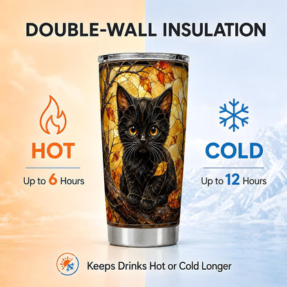 Black Kitten Tumbler, Autumn Leaf Cat Art Tumbler 20 oz, Stainless Steel | Warm kitten art for coffee or tea, adding autumn leaf mood to home
