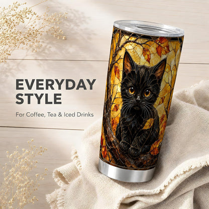 Black Kitten Tumbler, Autumn Leaf Cat Art Tumbler 20 oz, Stainless Steel | Warm kitten art for coffee or tea, adding autumn leaf mood to home