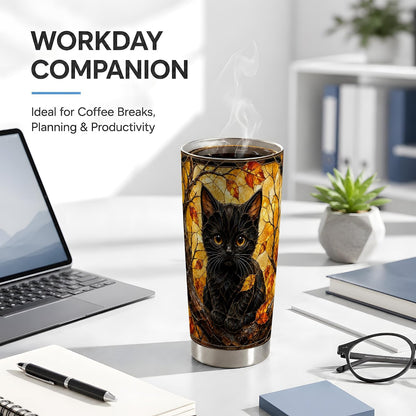 Black Kitten Tumbler, Autumn Leaf Cat Art Tumbler 20 oz, Stainless Steel | Warm kitten art for coffee or tea, adding autumn leaf mood to home