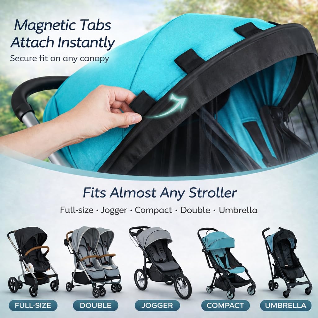 Universal Stroller Sun Shade Cover, UPF50+, Mosquito Net, Magnetic