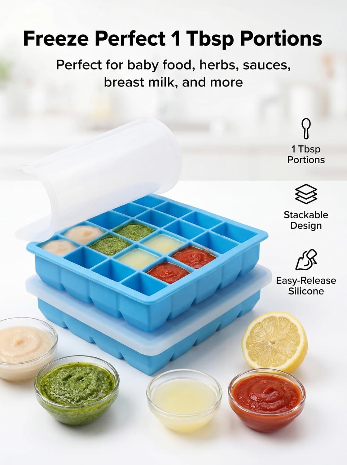 6 Pack 1 Tbsp Silicone Freezer Molds with Lids, Garlic Freezer Tray for Herbs, Ginger, Pesto, Tomato Paste, Lemon Juice & Ice Cubes, Food Grade Easy Release Portion Control Trays