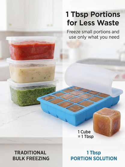 6 Pack 1 Tbsp Silicone Freezer Molds with Lids, Garlic Freezer Tray for Herbs, Ginger, Pesto, Tomato Paste, Lemon Juice & Ice Cubes, Food Grade Easy Release Portion Control Trays