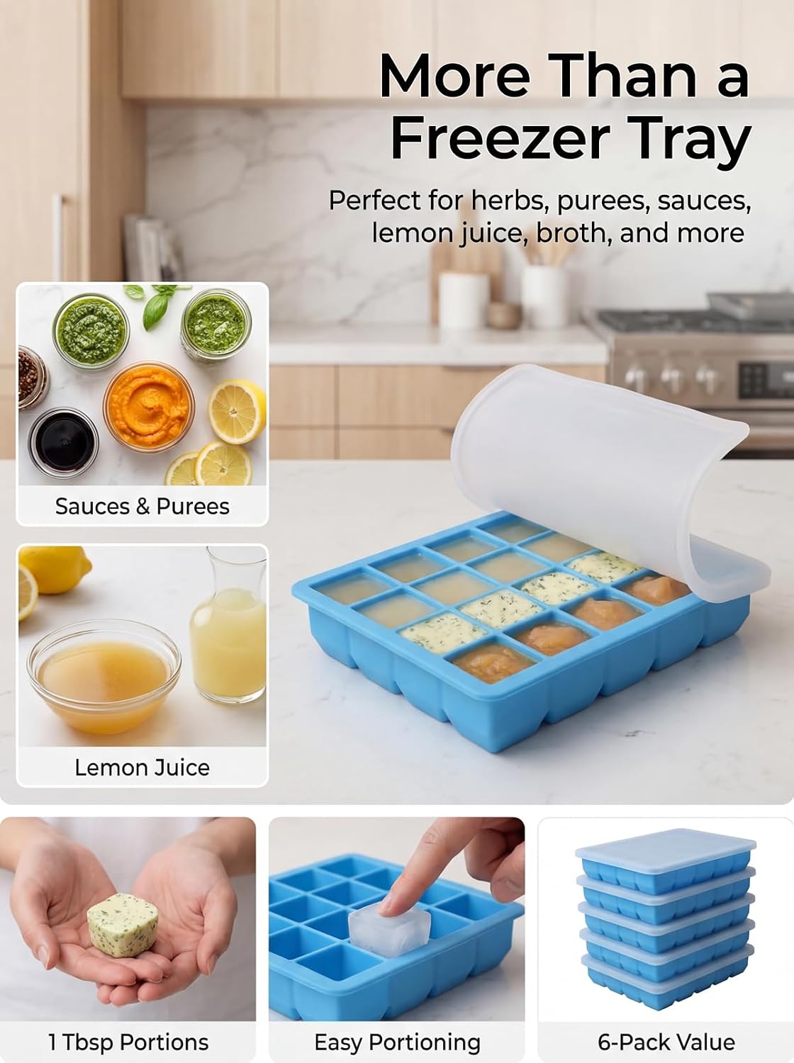 6 Pack 1 Tbsp Silicone Freezer Molds with Lids, Garlic Freezer Tray for Herbs, Ginger, Pesto, Tomato Paste, Lemon Juice & Ice Cubes, Food Grade Easy Release Portion Control Trays