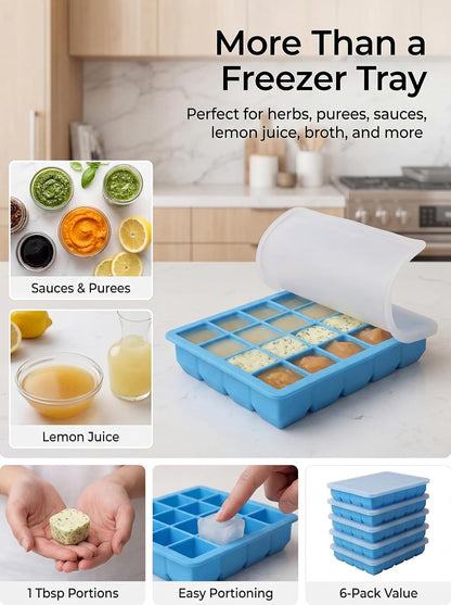 6 Pack 1 Tbsp Silicone Freezer Molds with Lids, Garlic Freezer Tray for Herbs, Ginger, Pesto, Tomato Paste, Lemon Juice & Ice Cubes, Food Grade Easy Release Portion Control Trays