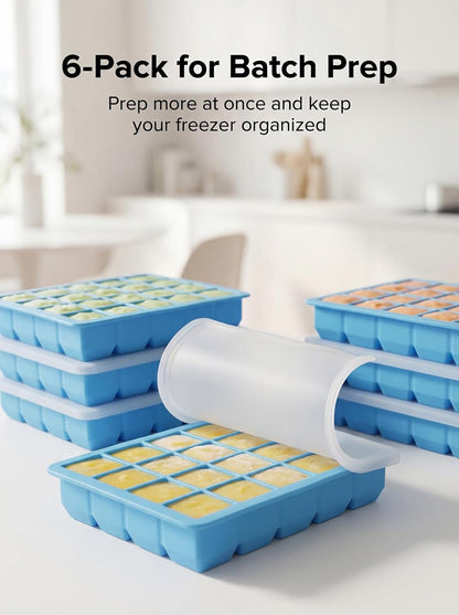 6 Pack 1 Tbsp Silicone Freezer Molds with Lids, Garlic Freezer Tray for Herbs, Ginger, Pesto, Tomato Paste, Lemon Juice & Ice Cubes, Food Grade Easy Release Portion Control Trays
