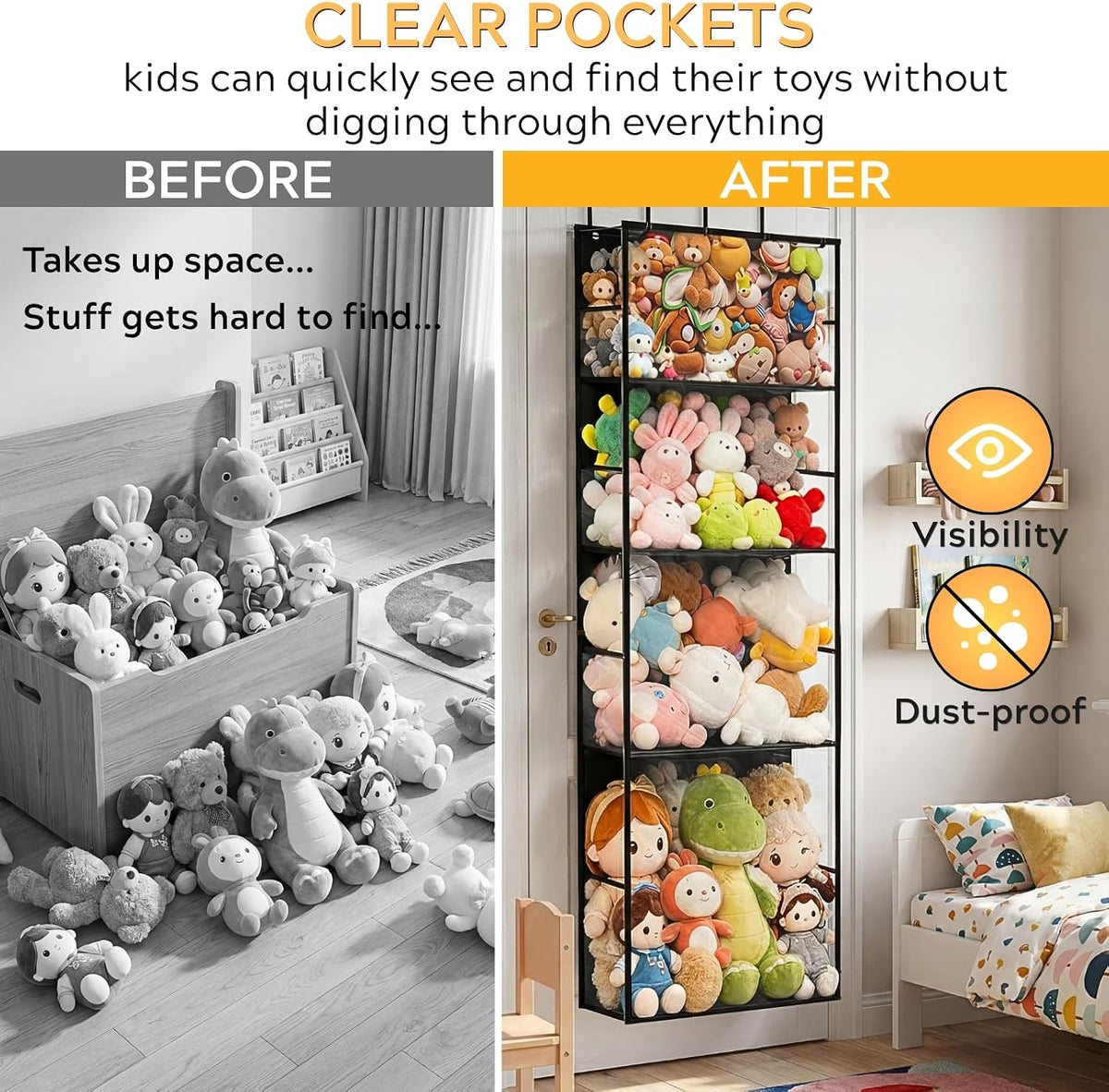 Over the Door Stuffed Animal Storage with Clear Dust Cover