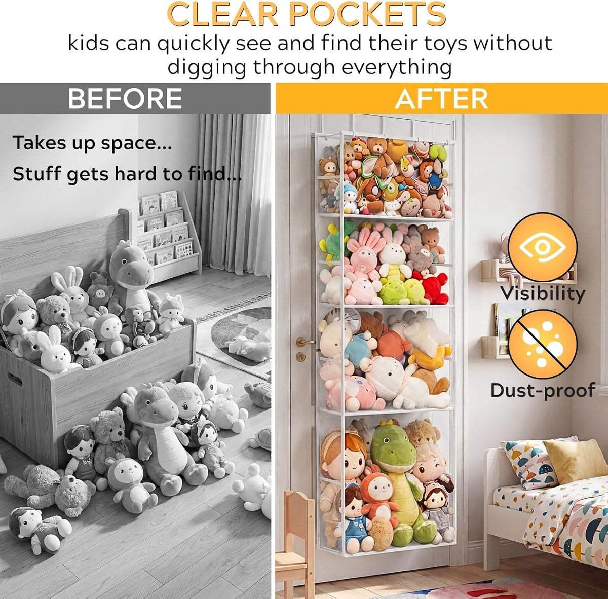 Over the Door Stuffed Animal Storage with Clear Dust Cover