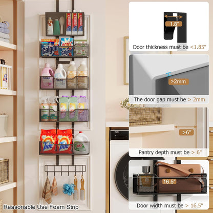Adjustable Over The Door Organizer, Closet Door Organizer Heavy Duty Hanging Door Storage with 4 Metal Baskets and PVC Pocket, Behind Organizer for Bathroom Closet Bedroom Cabinet, Black