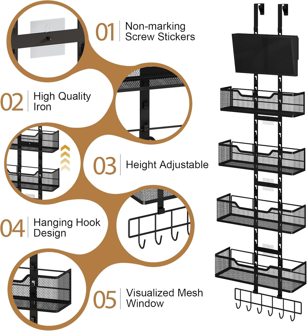 Adjustable Over The Door Organizer, Closet Door Organizer Heavy Duty Hanging Door Storage with 4 Metal Baskets and PVC Pocket, Behind Organizer for Bathroom Closet Bedroom Cabinet, Black