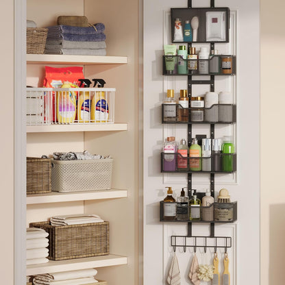 Adjustable Over The Door Organizer, Closet Door Organizer Heavy Duty Hanging Door Storage with 4 Metal Baskets and PVC Pocket, Behind Organizer for Bathroom Closet Bedroom Cabinet, Black