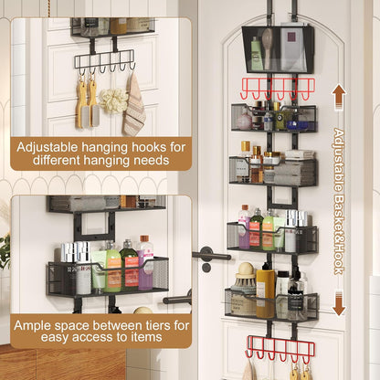 Adjustable Over The Door Organizer, Closet Door Organizer Heavy Duty Hanging Door Storage with 4 Metal Baskets and PVC Pocket, Behind Organizer for Bathroom Closet Bedroom Cabinet, Black