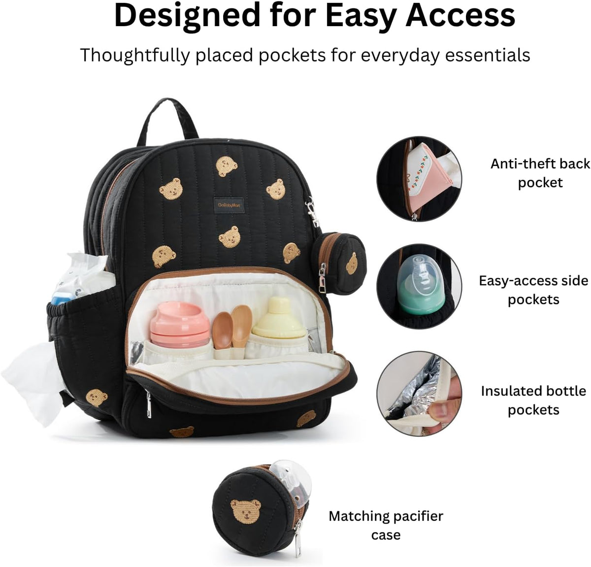 Large Diaper Bag Backpack with Changing Pad, Insulated Bottle Pockets, Travel & Hospital Bag for Mom & Dad (Large - Black Flowers)