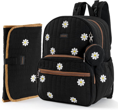 Large Diaper Bag Backpack with Changing Pad, Insulated Bottle Pockets, Travel & Hospital Bag for Mom & Dad (Large - Black Flowers)