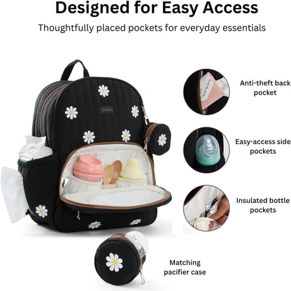 Large Diaper Bag Backpack with Changing Pad, Insulated Bottle Pockets, Travel & Hospital Bag for Mom & Dad (Large - Black Flowers)