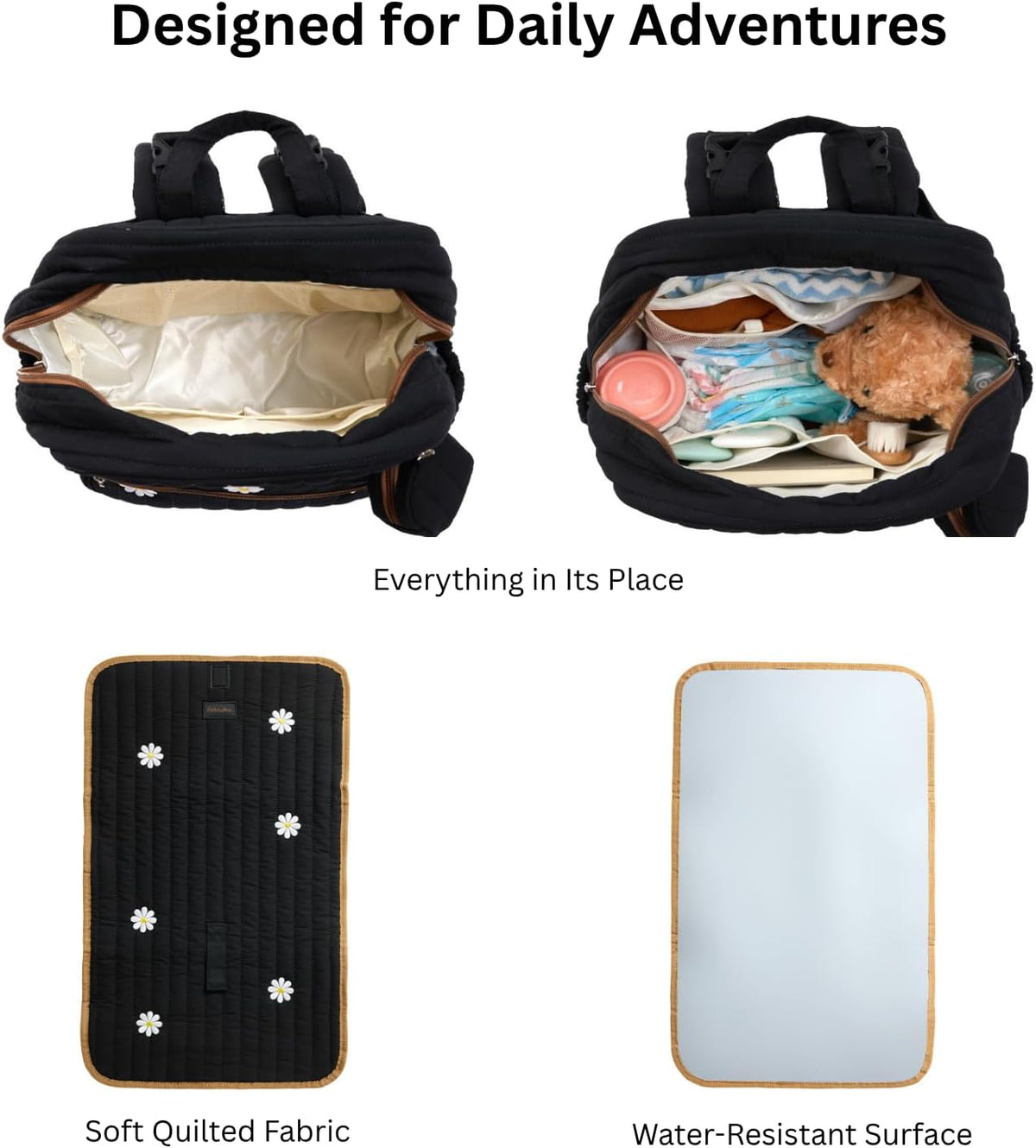 Large Diaper Bag Backpack with Changing Pad, Insulated Bottle Pockets, Travel & Hospital Bag for Mom & Dad (Large - Black Flowers)
