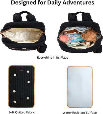 Large Diaper Bag Backpack with Changing Pad, Insulated Bottle Pockets, Travel & Hospital Bag for Mom & Dad (Large - Black Flowers)