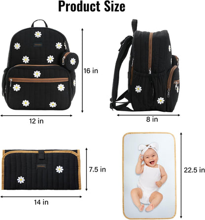 Large Diaper Bag Backpack with Changing Pad, Insulated Bottle Pockets, Travel & Hospital Bag for Mom & Dad (Large - Black Flowers)