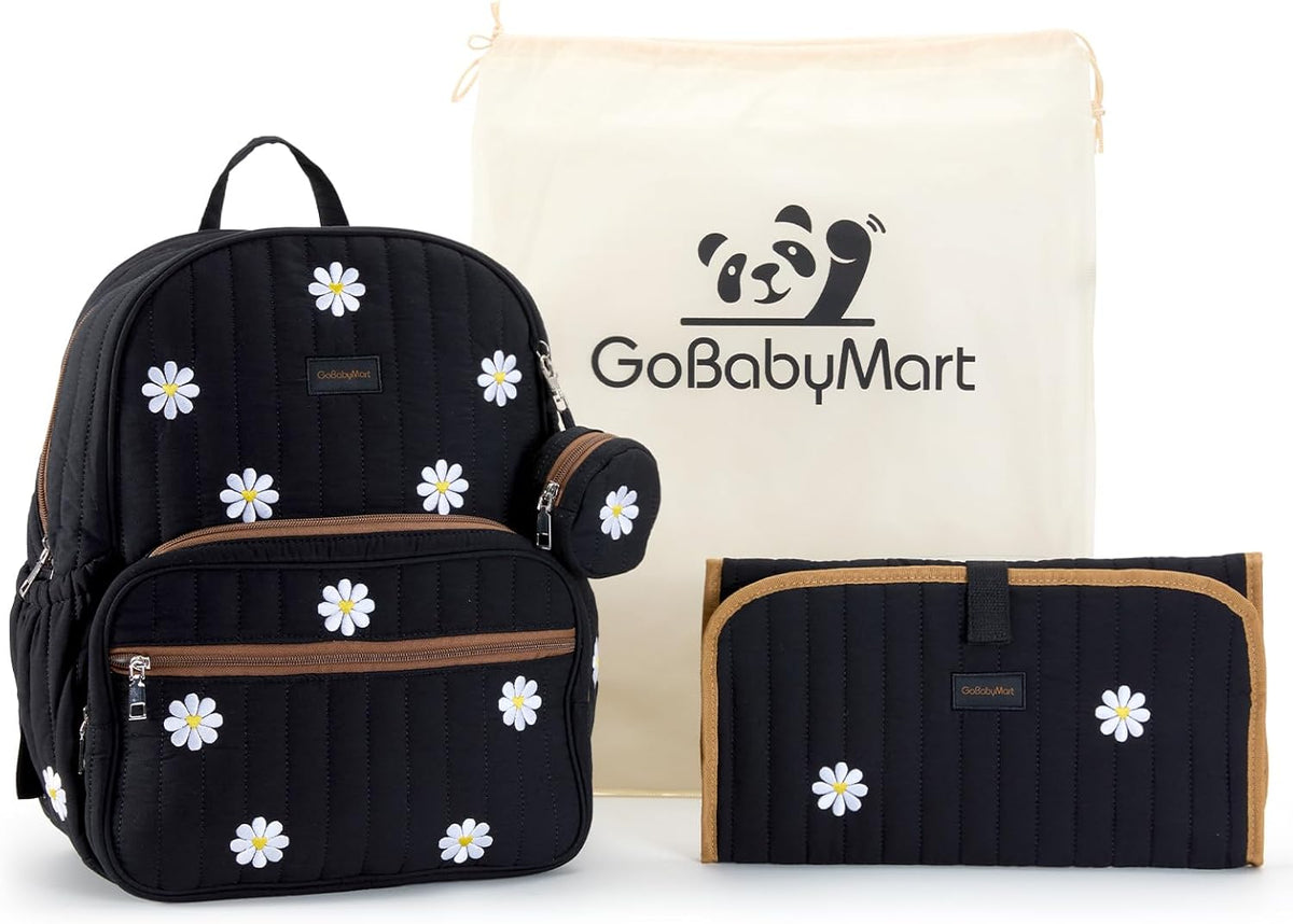 Large Diaper Bag Backpack with Changing Pad, Insulated Bottle Pockets, Travel & Hospital Bag for Mom & Dad (Large - Black Flowers)