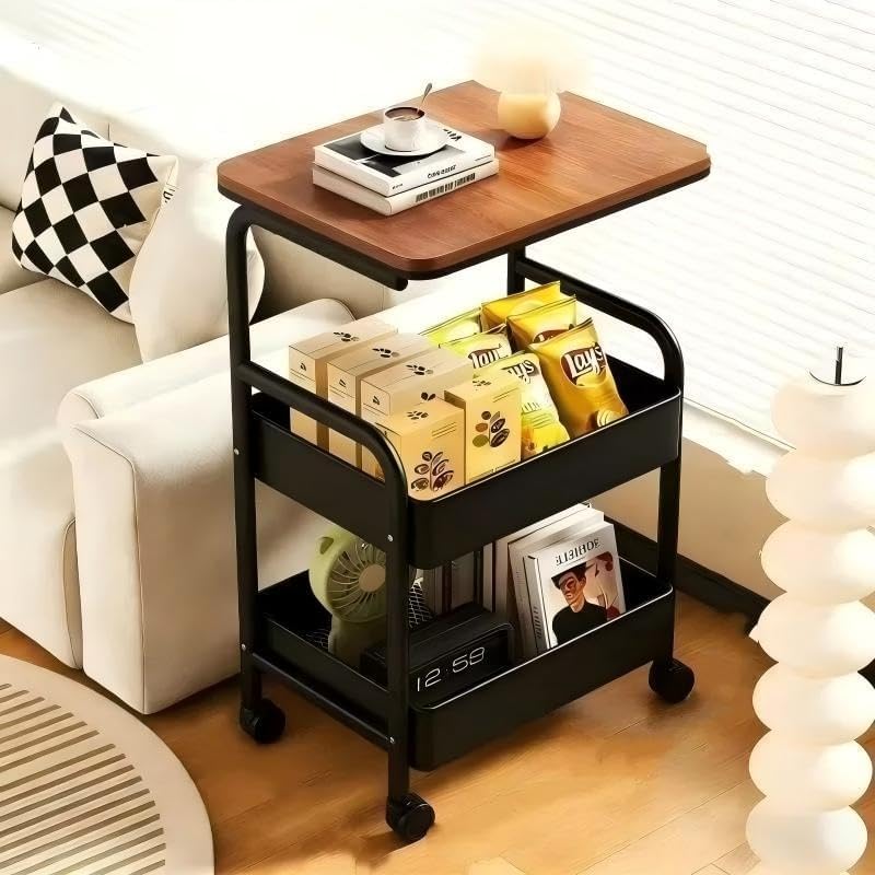 3 Tier Rolling Utility Cart with Wood Top, Multifunctional Slim Mobile Storage Organizer with Lockable Wheels, Space-Saving Side Table Snack Cart for Kitchen, Living Room, Bathroom and Office