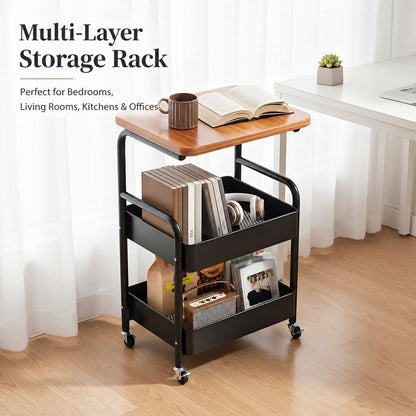 3 Tier Rolling Utility Cart with Wood Top, Multifunctional Slim Mobile Storage Organizer with Lockable Wheels, Space-Saving Side Table Snack Cart for Kitchen, Living Room, Bathroom and Office