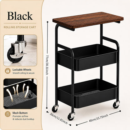 3 Tier Rolling Utility Cart with Wood Top, Multifunctional Slim Mobile Storage Organizer with Lockable Wheels, Space-Saving Side Table Snack Cart for Kitchen, Living Room, Bathroom and Office