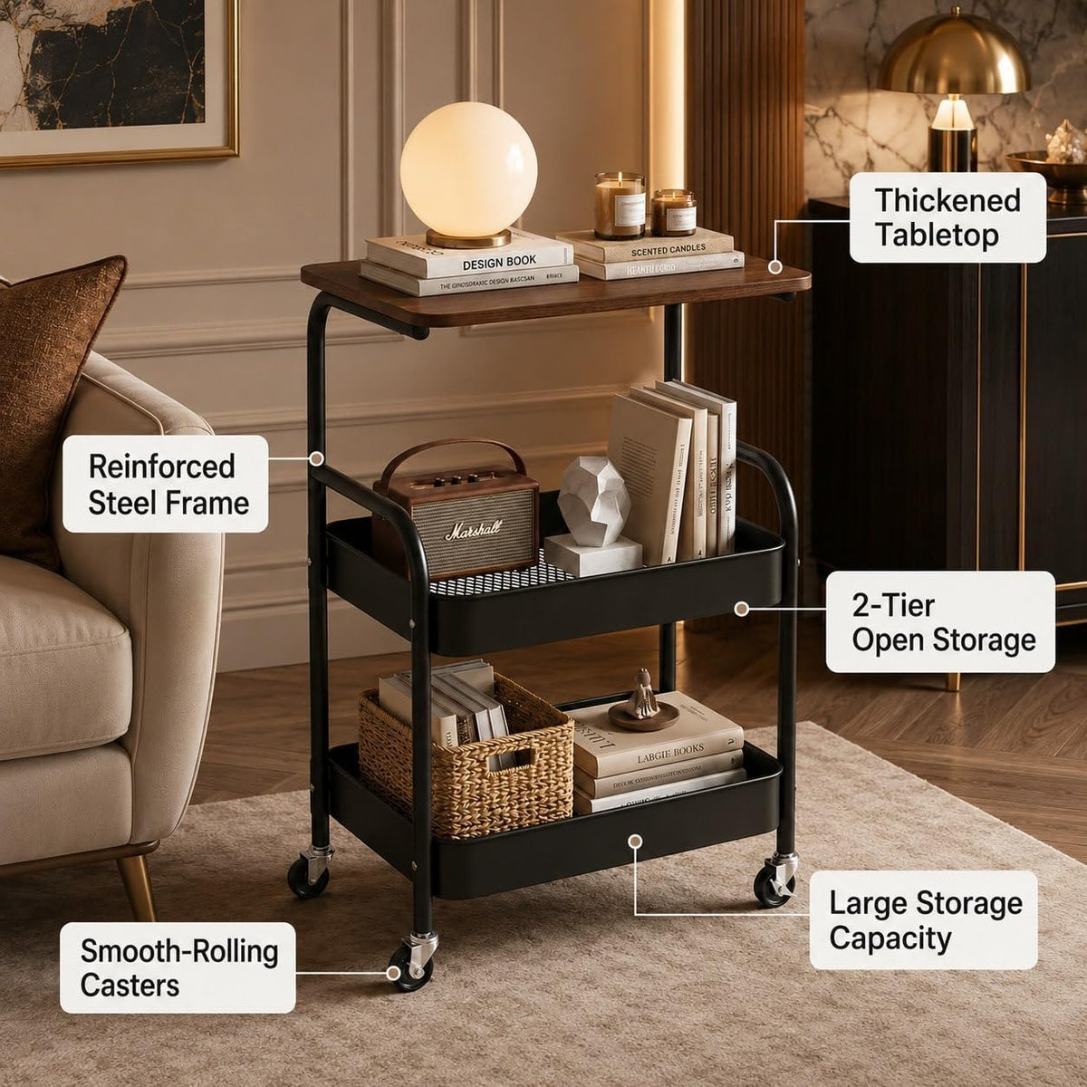 3 Tier Rolling Utility Cart with Wood Top, Multifunctional Slim Mobile Storage Organizer with Lockable Wheels, Space-Saving Side Table Snack Cart for Kitchen, Living Room, Bathroom and Office