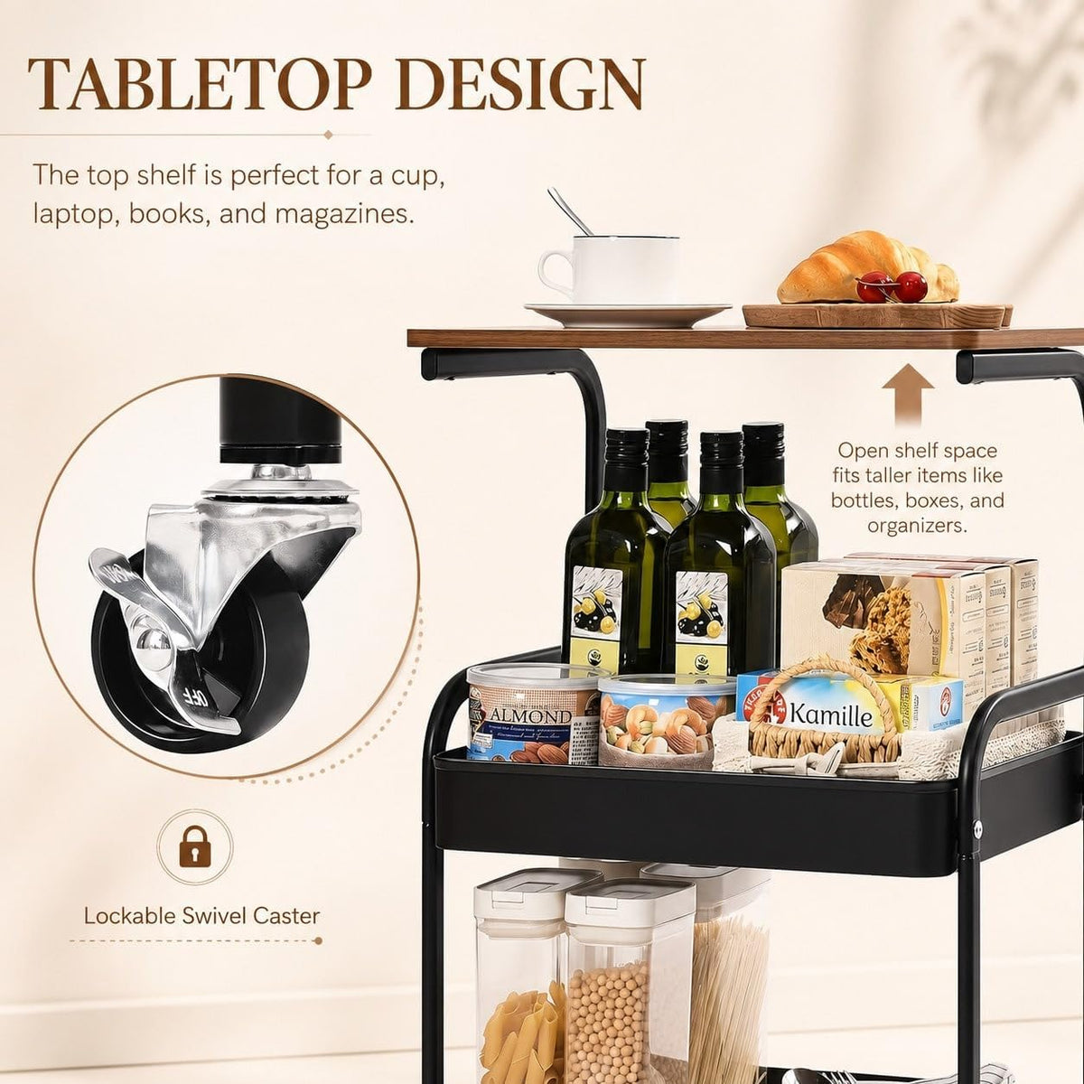 3 Tier Rolling Utility Cart with Wood Top, Multifunctional Slim Mobile Storage Organizer with Lockable Wheels, Space-Saving Side Table Snack Cart for Kitchen, Living Room, Bathroom and Office