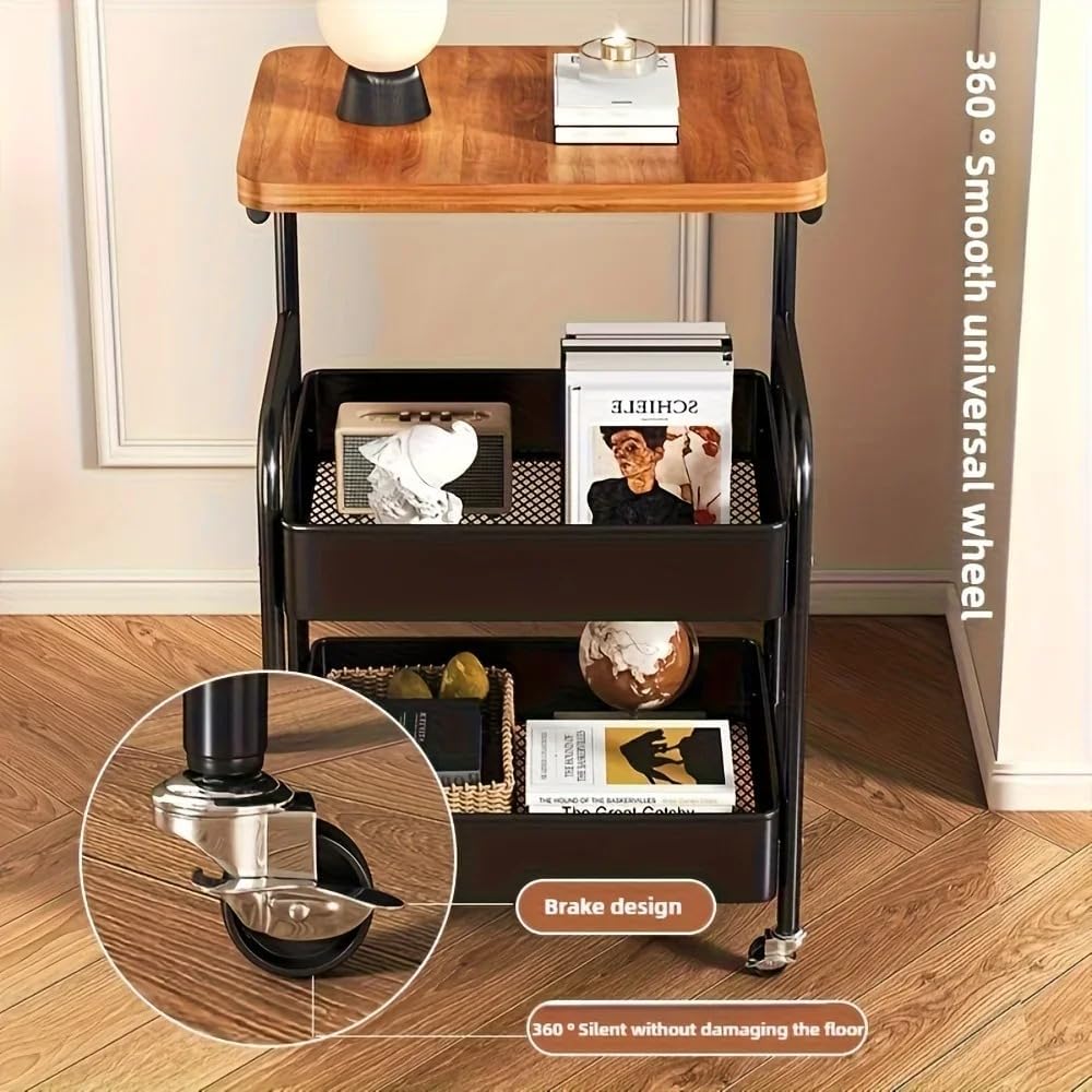 3 Tier Rolling Utility Cart with Wood Top, Multifunctional Slim Mobile Storage Organizer with Lockable Wheels, Space-Saving Side Table Snack Cart for Kitchen, Living Room, Bathroom and Office