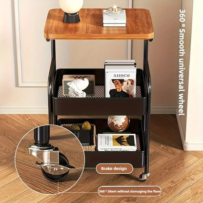 3 Tier Rolling Utility Cart with Wood Top, Multifunctional Slim Mobile Storage Organizer with Lockable Wheels, Space-Saving Side Table Snack Cart for Kitchen, Living Room, Bathroom and Office