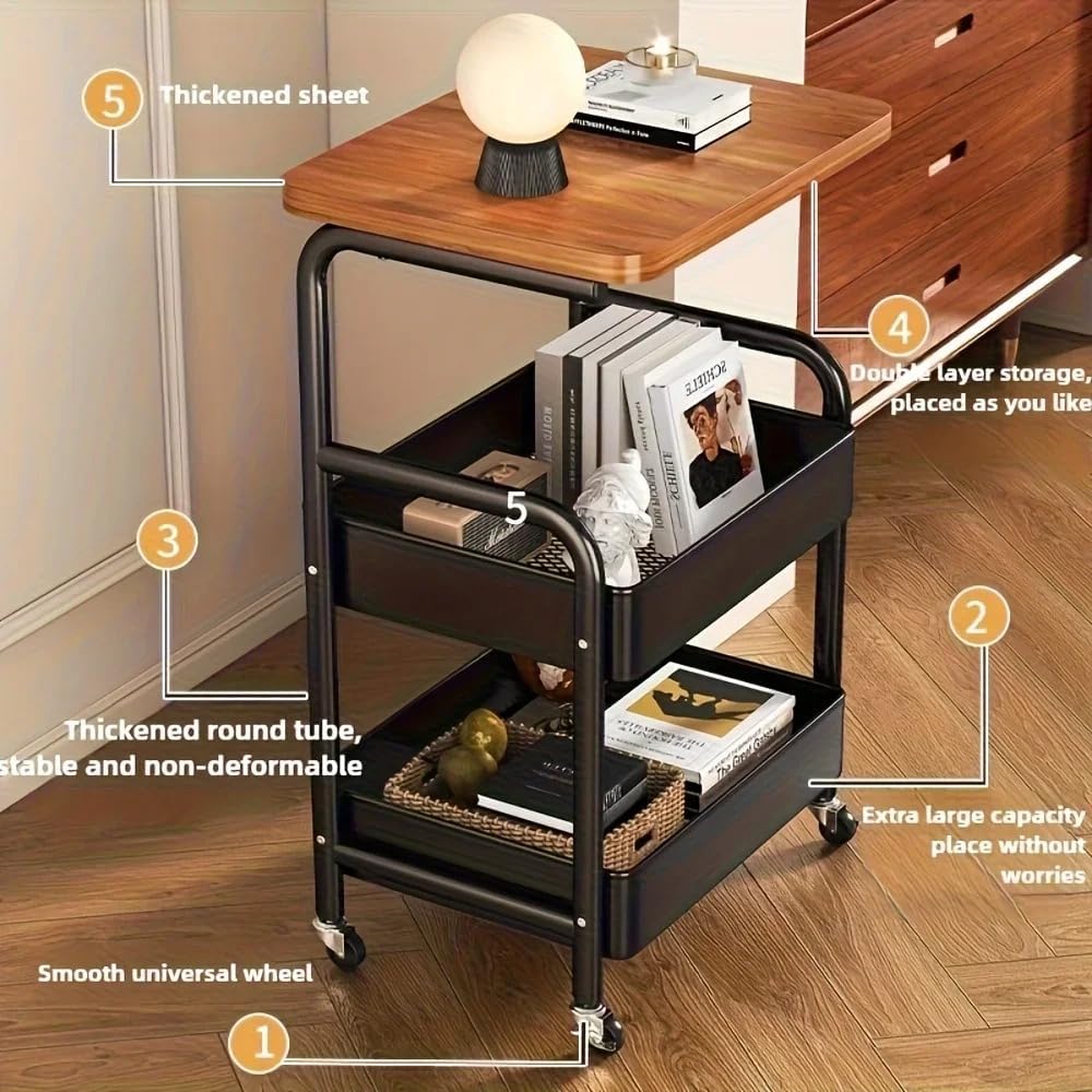 3 Tier Rolling Utility Cart with Wood Top, Multifunctional Slim Mobile Storage Organizer with Lockable Wheels, Space-Saving Side Table Snack Cart for Kitchen, Living Room, Bathroom and Office