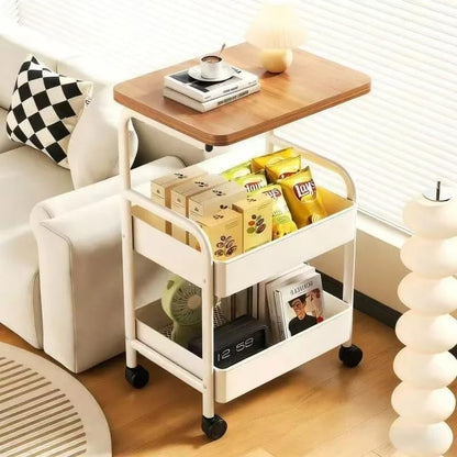 3 Tier Rolling Utility Cart with Wood Top, Multifunctional Slim Mobile Storage Organizer with Lockable Wheels, Space-Saving Side Table Snack Cart for Kitchen, Living Room, Bathroom and Office