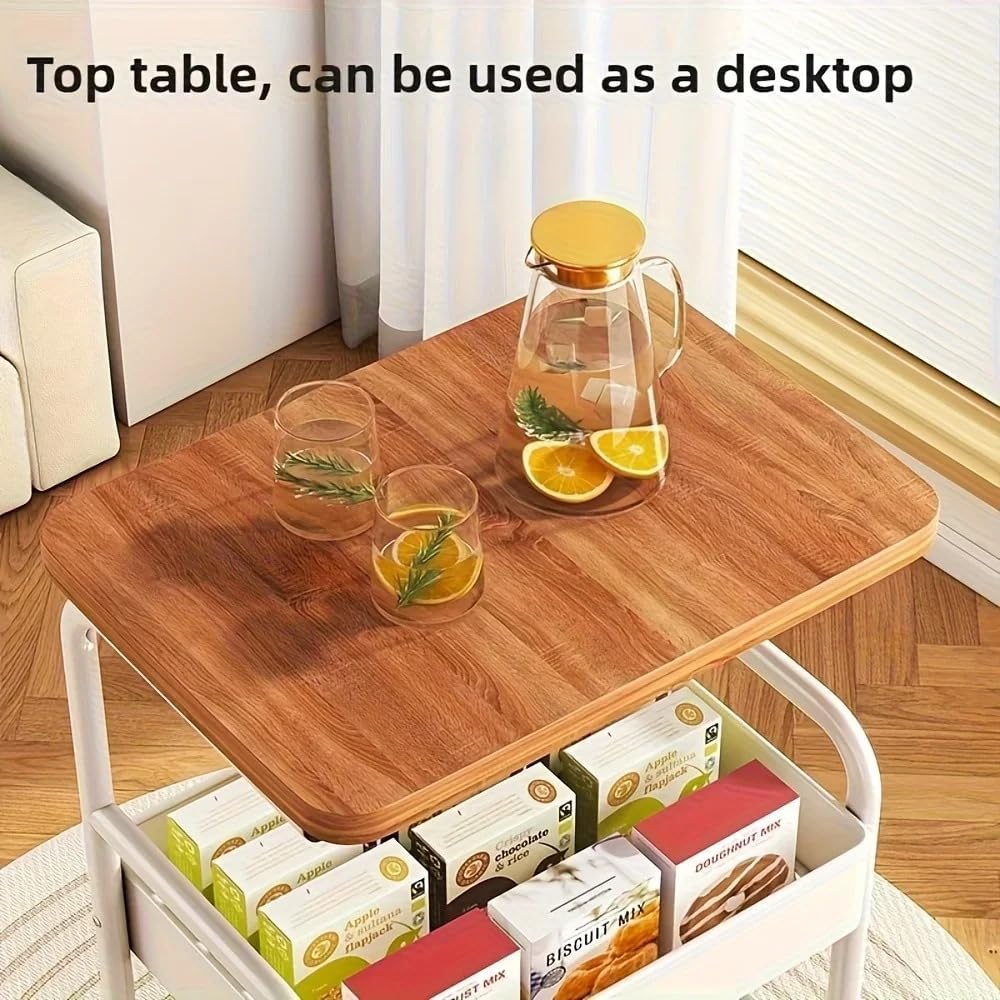 3 Tier Rolling Utility Cart with Wood Top, Multifunctional Slim Mobile Storage Organizer with Lockable Wheels, Space-Saving Side Table Snack Cart for Kitchen, Living Room, Bathroom and Office