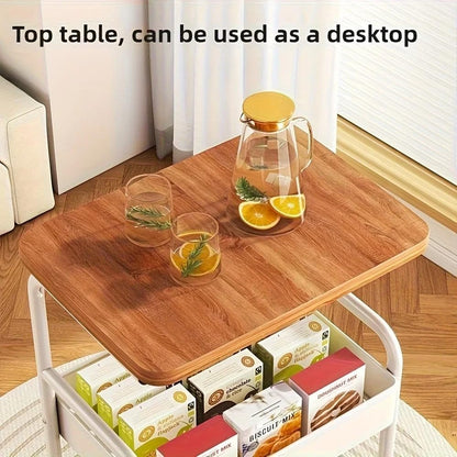 3 Tier Rolling Utility Cart with Wood Top, Multifunctional Slim Mobile Storage Organizer with Lockable Wheels, Space-Saving Side Table Snack Cart for Kitchen, Living Room, Bathroom and Office