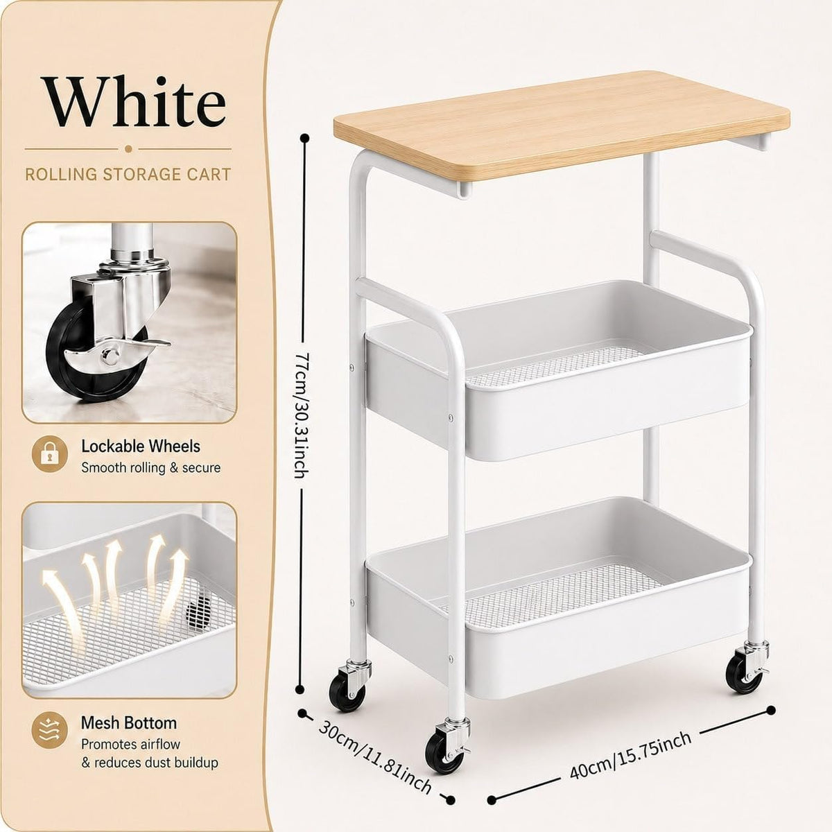 3 Tier Rolling Utility Cart with Wood Top, Multifunctional Slim Mobile Storage Organizer with Lockable Wheels, Space-Saving Side Table Snack Cart for Kitchen, Living Room, Bathroom and Office