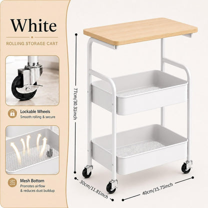 3 Tier Rolling Utility Cart with Wood Top, Multifunctional Slim Mobile Storage Organizer with Lockable Wheels, Space-Saving Side Table Snack Cart for Kitchen, Living Room, Bathroom and Office