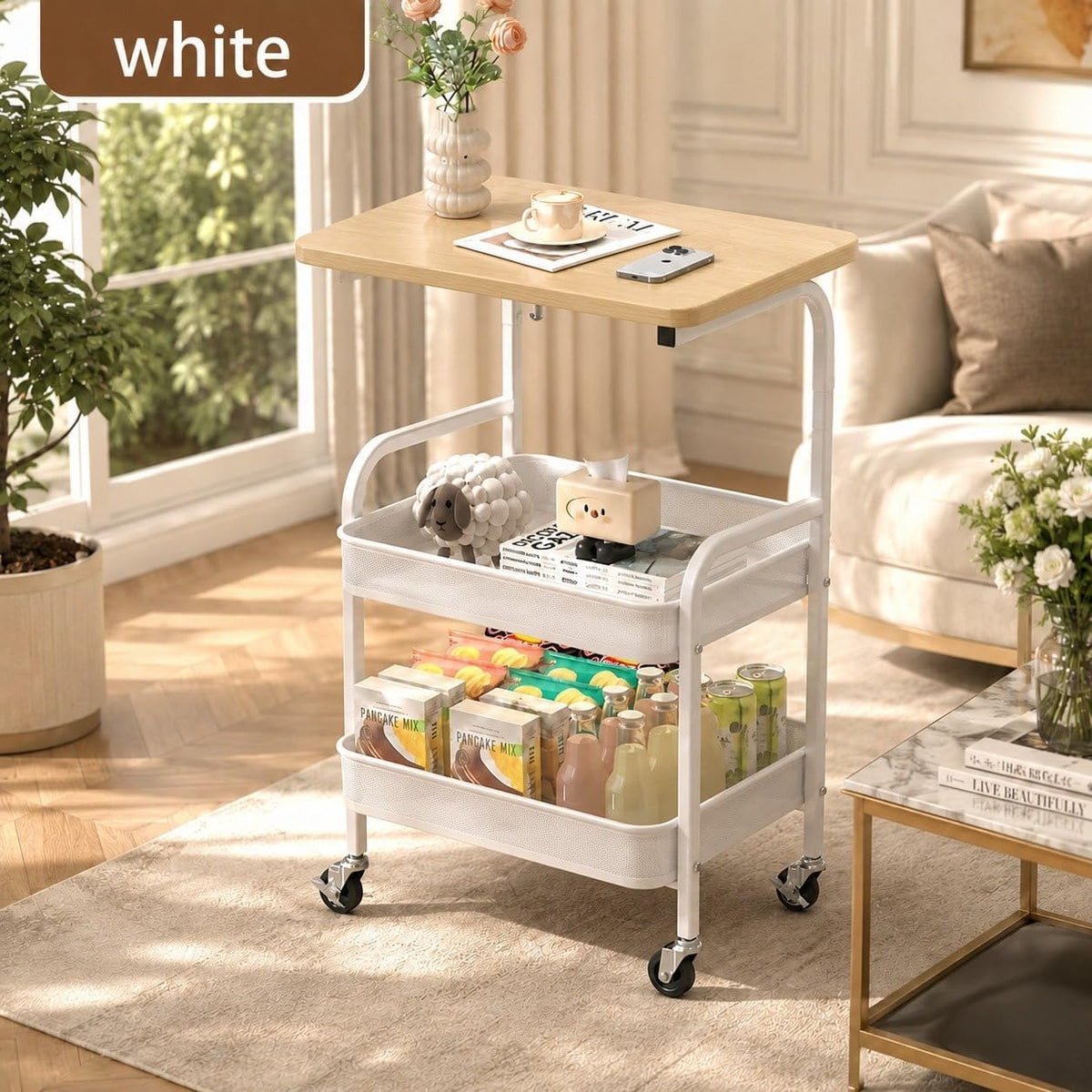 3 Tier Rolling Utility Cart with Wood Top, Multifunctional Slim Mobile Storage Organizer with Lockable Wheels, Space-Saving Side Table Snack Cart for Kitchen, Living Room, Bathroom and Office