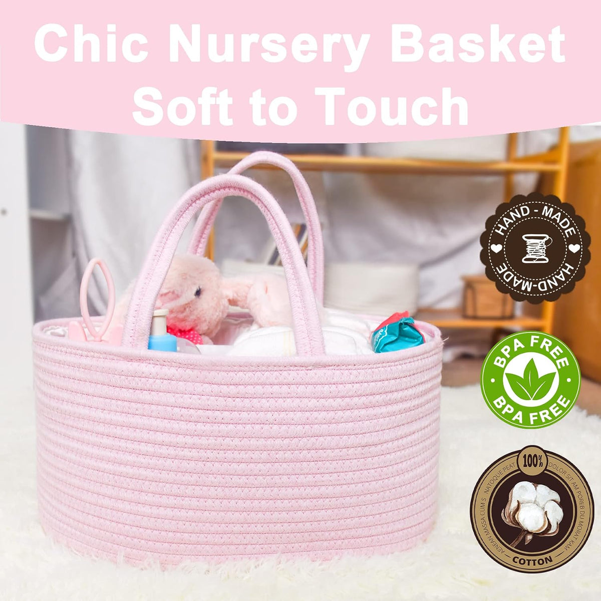 Baby Diaper Caddy Organizer, Boho Jute Rope Nursery Storage Bin Changing Table Car Organizer for Storage Baby Diaper Wipes, Empty Basket for Baby Shower