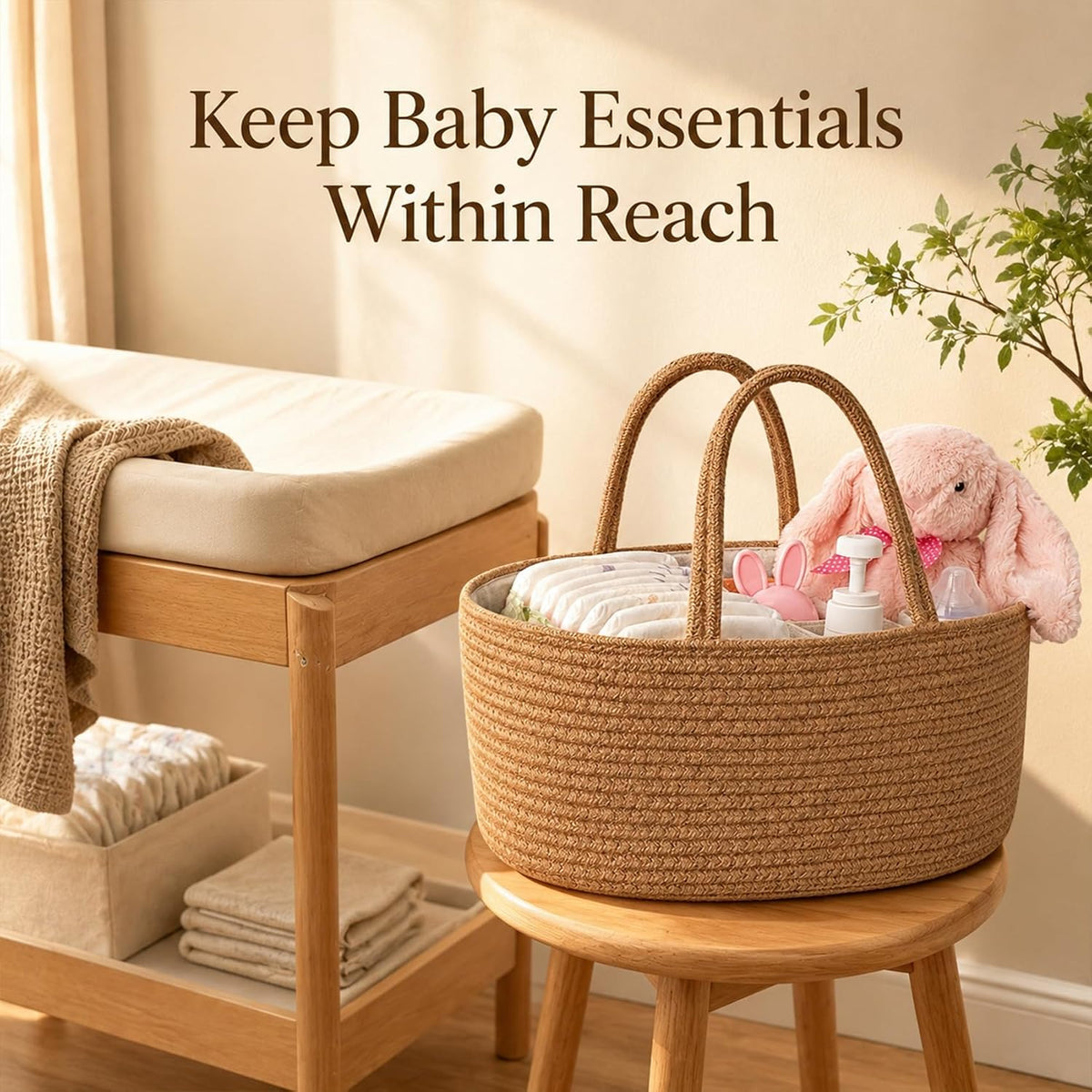 Baby Diaper Caddy Organizer, Boho Jute Rope Nursery Storage Bin Changing Table Car Organizer for Storage Baby Diaper Wipes, Empty Basket for Baby Shower