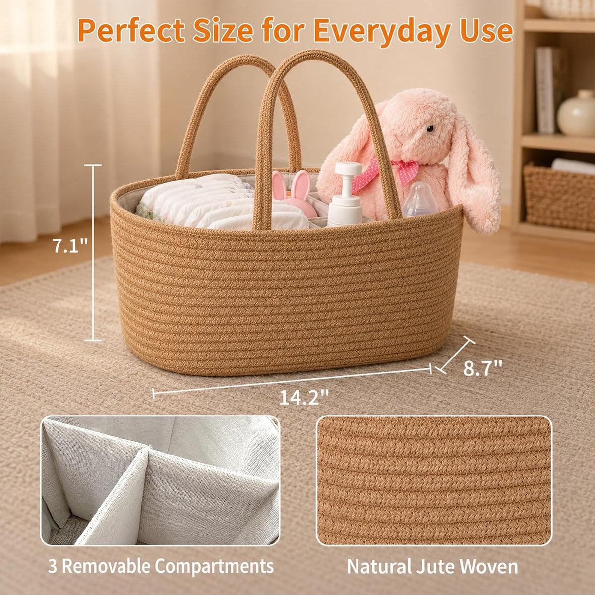 Baby Diaper Caddy Organizer, Boho Jute Rope Nursery Storage Bin Changing Table Car Organizer for Storage Baby Diaper Wipes, Empty Basket for Baby Shower