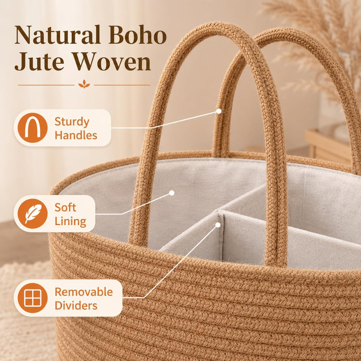 Baby Diaper Caddy Organizer, Boho Jute Rope Nursery Storage Bin Changing Table Car Organizer for Storage Baby Diaper Wipes, Empty Basket for Baby Shower