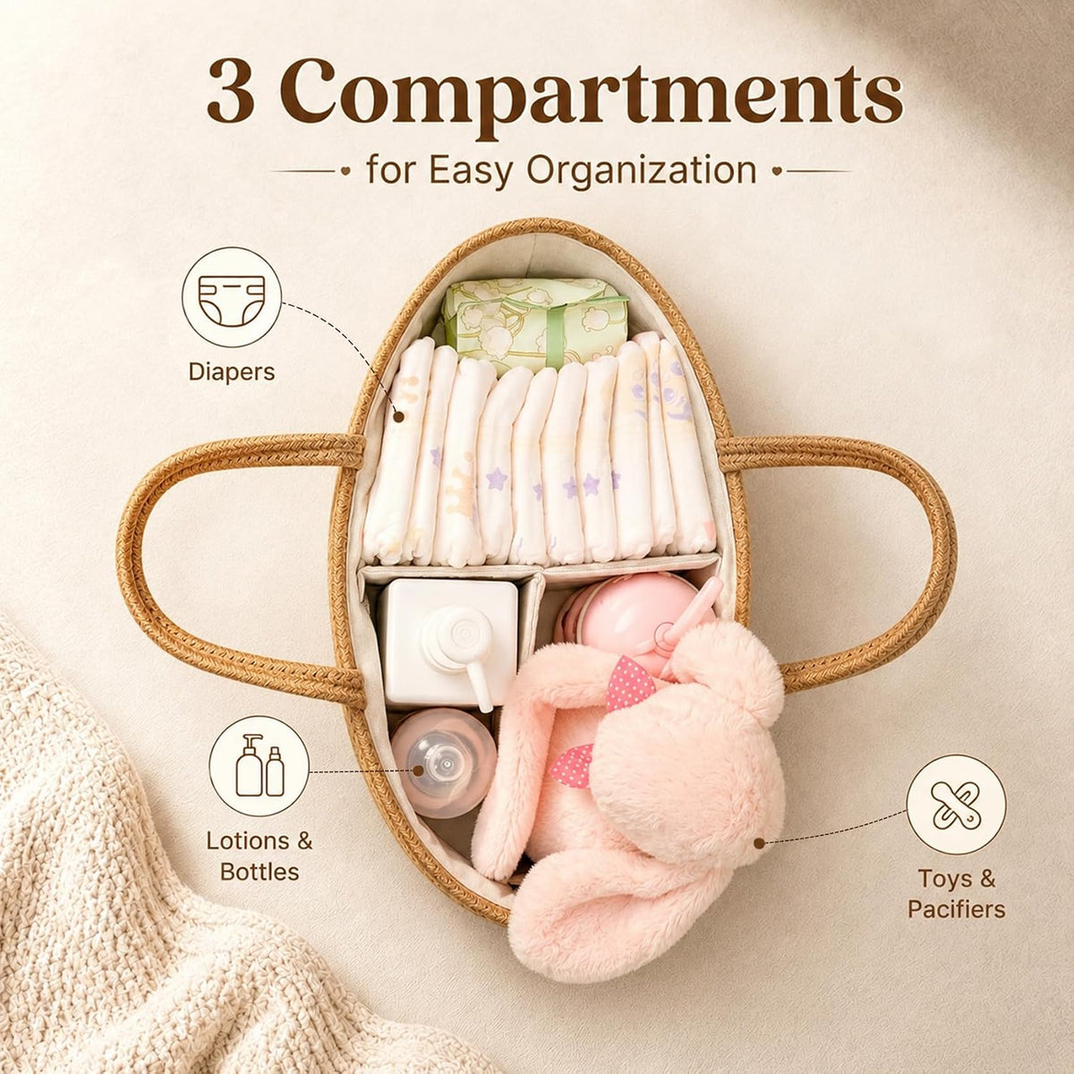 Baby Diaper Caddy Organizer, Boho Jute Rope Nursery Storage Bin Changing Table Car Organizer for Storage Baby Diaper Wipes, Empty Basket for Baby Shower