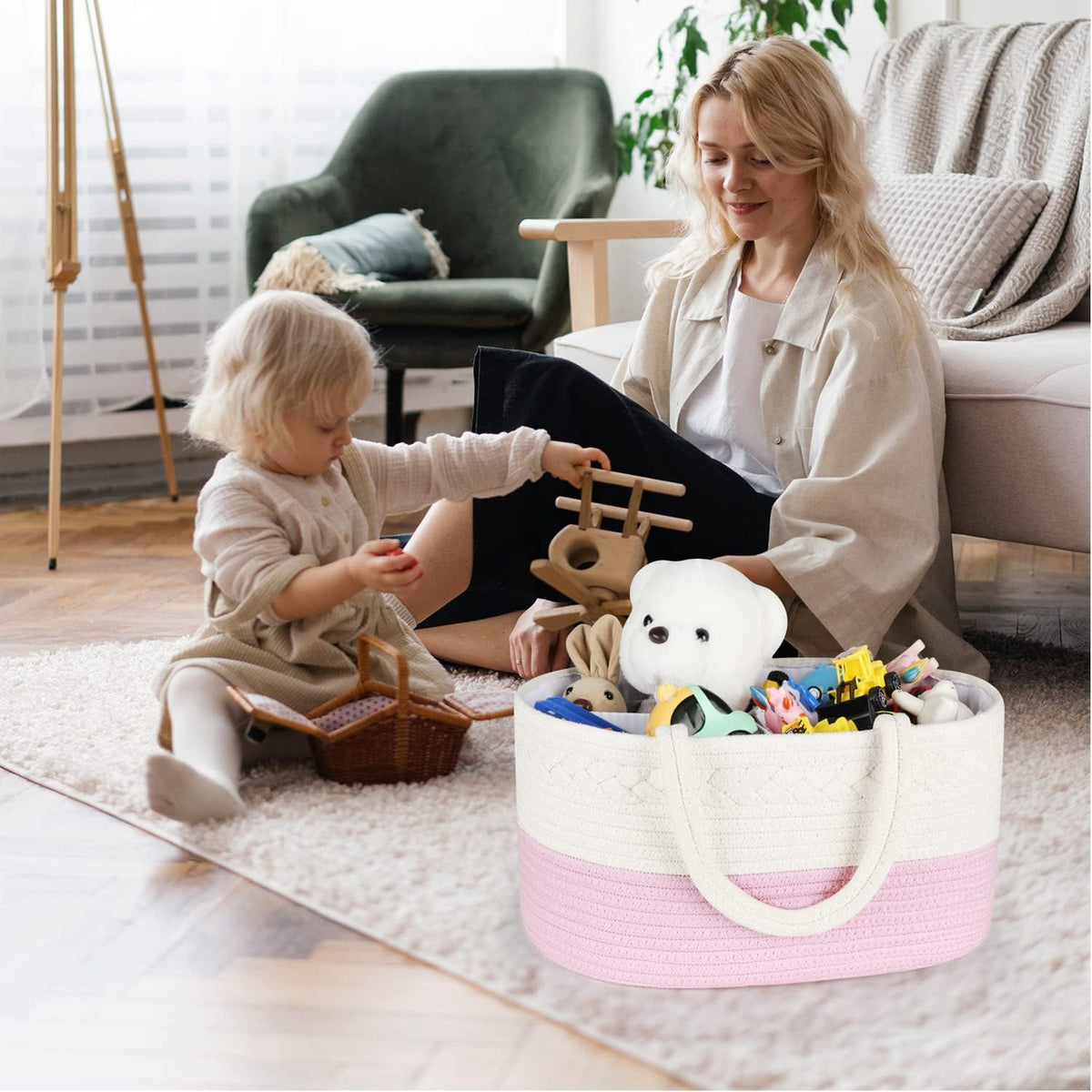 Baby Diaper Caddy Organizer, Boho Jute Rope Nursery Storage Bin Changing Table Car Organizer for Storage Baby Diaper Wipes, Empty Basket for Baby Shower