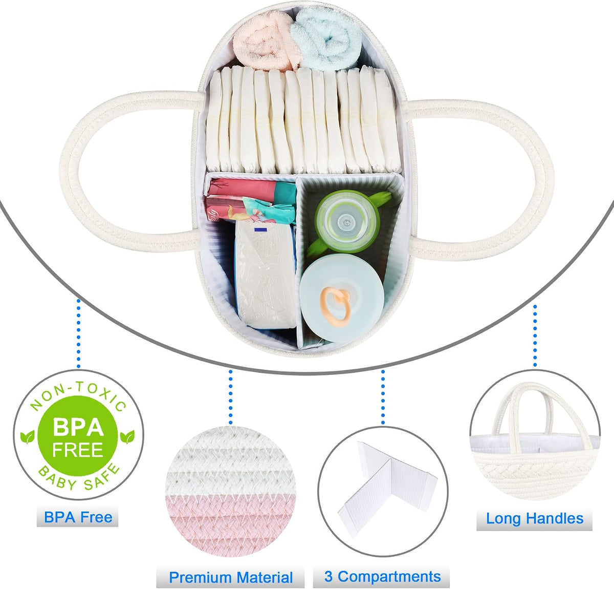 Baby Diaper Caddy Organizer, Boho Jute Rope Nursery Storage Bin Changing Table Car Organizer for Storage Baby Diaper Wipes, Empty Basket for Baby Shower