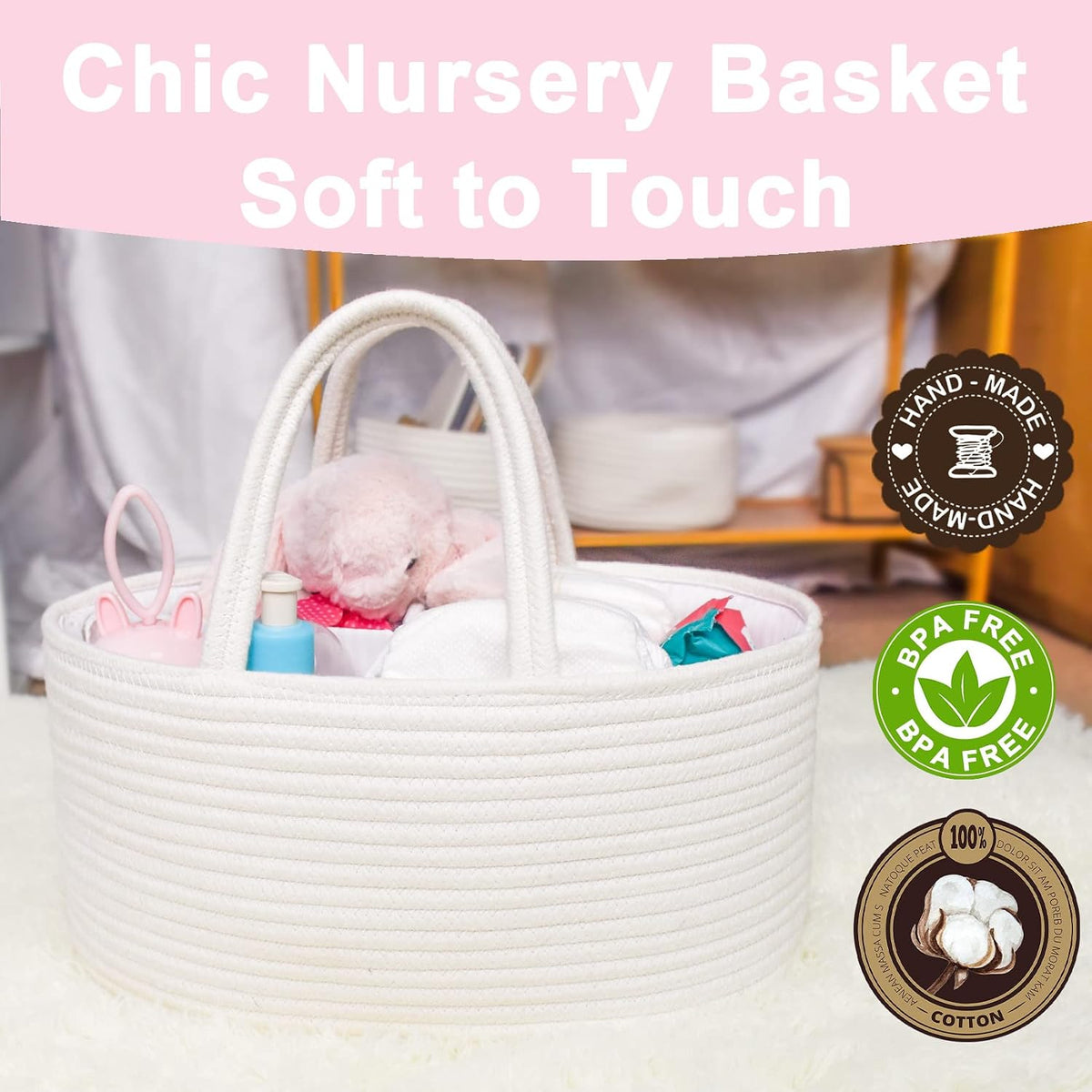 Baby Diaper Caddy Organizer, Boho Jute Rope Nursery Storage Bin Changing Table Car Organizer for Storage Baby Diaper Wipes, Empty Basket for Baby Shower