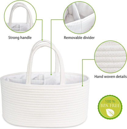 Baby Diaper Caddy Organizer, Boho Jute Rope Nursery Storage Bin Changing Table Car Organizer for Storage Baby Diaper Wipes, Empty Basket for Baby Shower